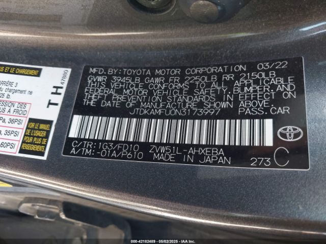 JTDKAMFU0N3173997 Toyota Prius Le