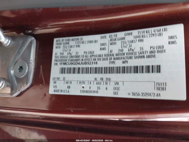 1FMCU9GD4JUB52318 Ford ESCAPE SE