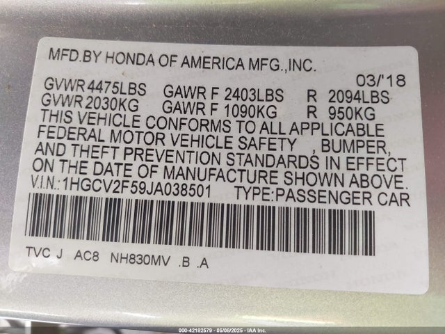 Honda k20c4 2018 1HGCV2F59JA038501 Image 9