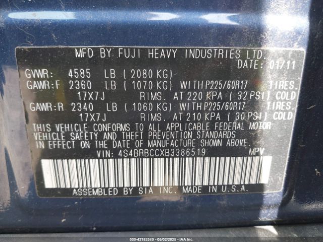 2011 SUBARU OUTBACK 4S4BRBCCXB3386519 Photo 8