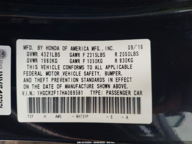 1HGCR2F17HA069581 Honda Accord Sport Se