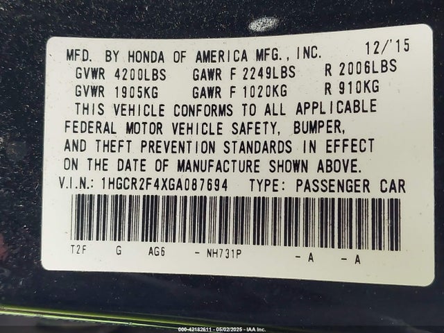 1HGCR2F4XGA087694 Honda ACCORD LX
