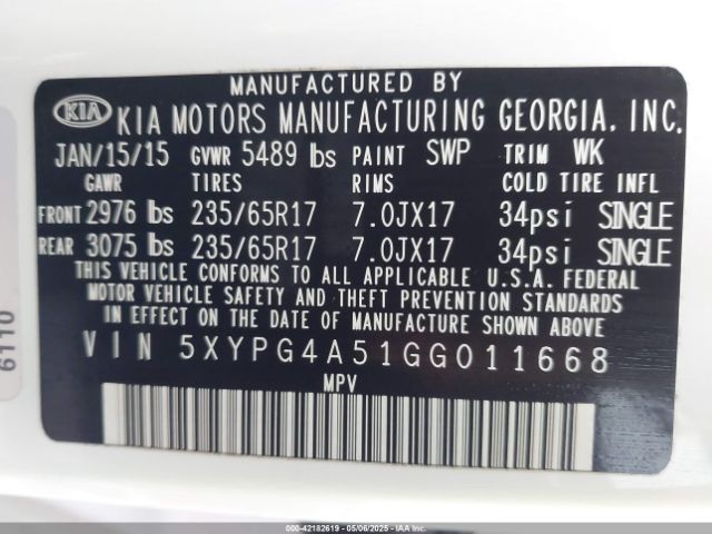 5XYPG4A51GG011668 KIA Sorento 3.3l Lx