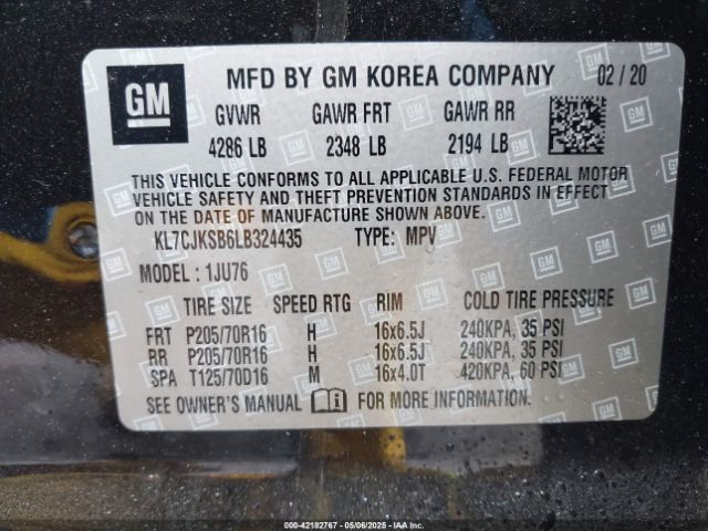 KL7CJKSB6LB324435 Chevrolet Trax Fwd Ls