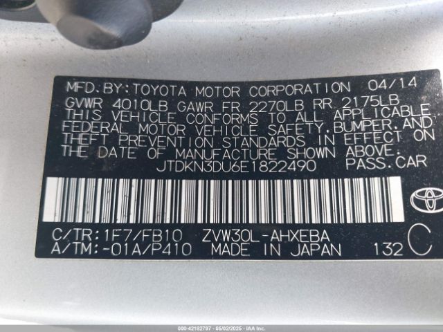 JTDKN3DU6E1822490 Toyota Prius Two