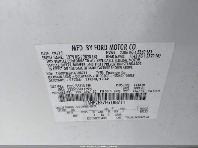 1FAHP2E87FG188711 Ford TAURUS SEL