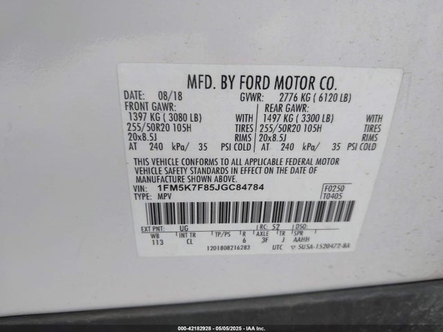 1FM5K7F85JGC84784 Ford 3.5l ti-vct