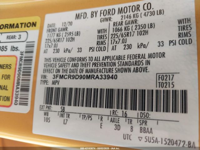 3FMCR9D90MRA33940 Ford Bronco Sport Badlands