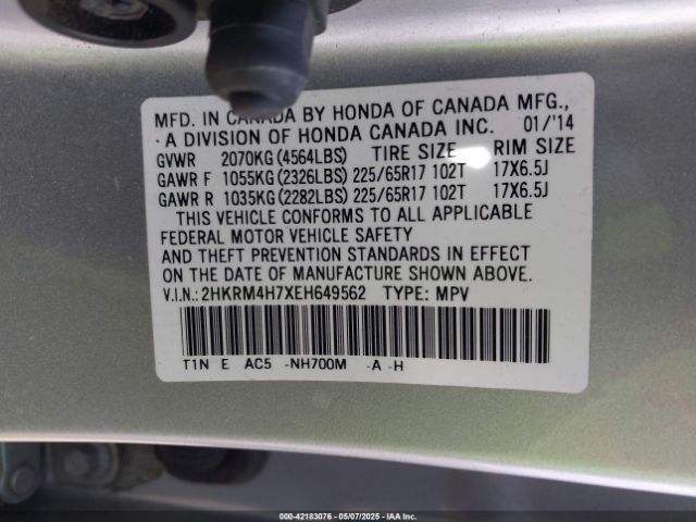 2HKRM4H7XEH649562 Honda Cr-v Ex-l