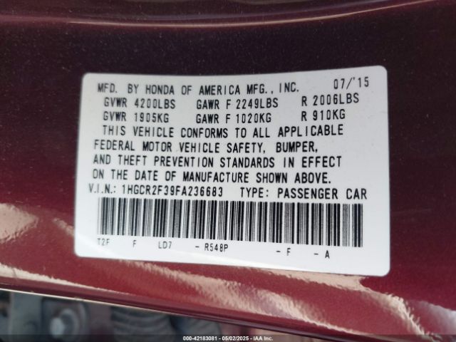 1HGCR2F39FA236683 Honda ACCORD LX