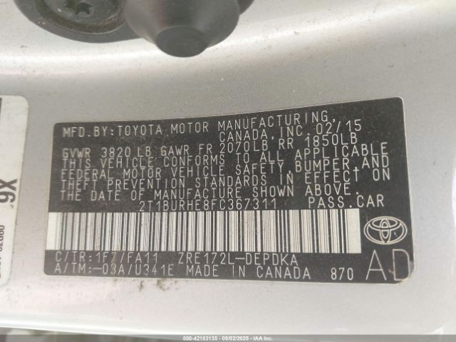 2T1BURHE8FC367311 Toyota COROLLA L