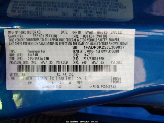 1FADP3K25JL309837 Ford FOCUS SE