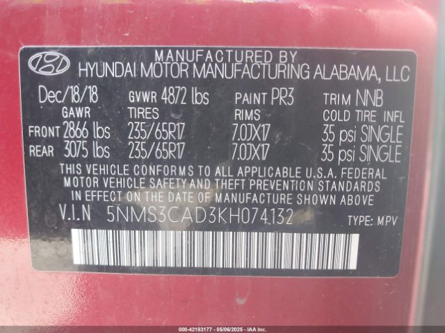 5NMS3CAD3KH074132 Hyundai Santa Fe Sel