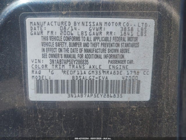 3N1AB7AP5EY286835 Nissan 2014