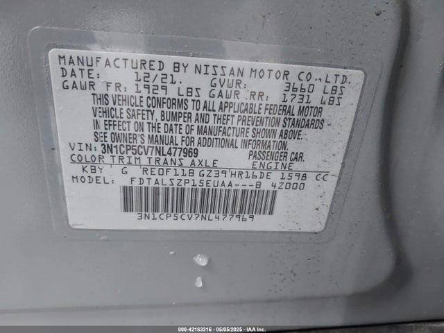 3N1CP5CV7NL477969 Nissan Kicks Sv Xtronic Cvt