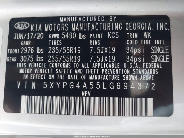5XYPG4A55LG694372 KIA Sorento 3.3l S