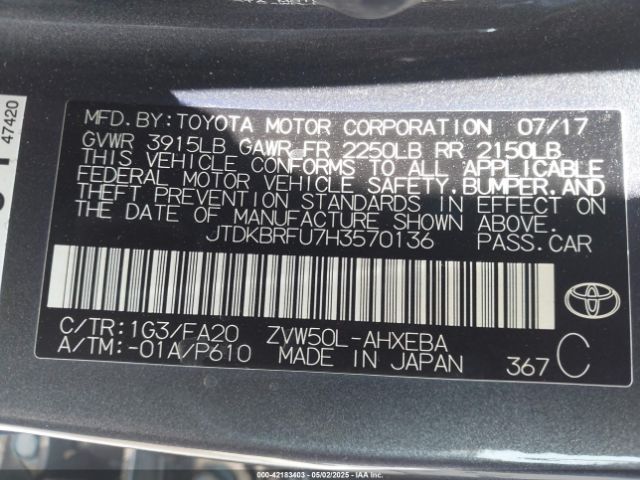 JTDKBRFU7H3570136 Toyota Prius Two