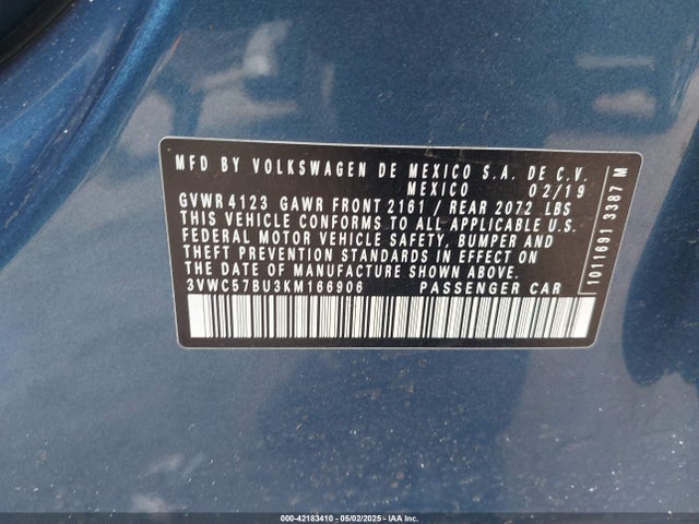 42183410 :رقم المزاد ، 3VWC57BU3KM166906 vin ، 2019 Volkswagen Jetta 1.4t R-line/1.4t S/1.4t Se مزاد بيع