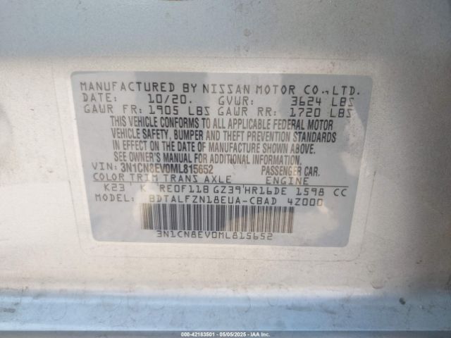 3N1CN8EV0ML815652 Nissan Versa Sv Xtronic Cvt