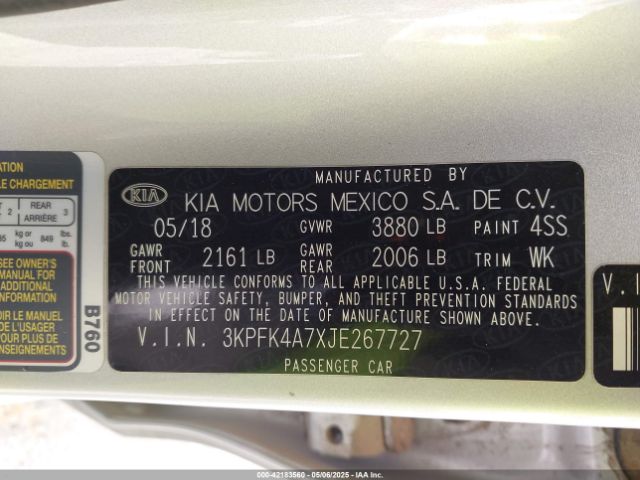 3KPFK4A7XJE267727 KIA FORTE LX