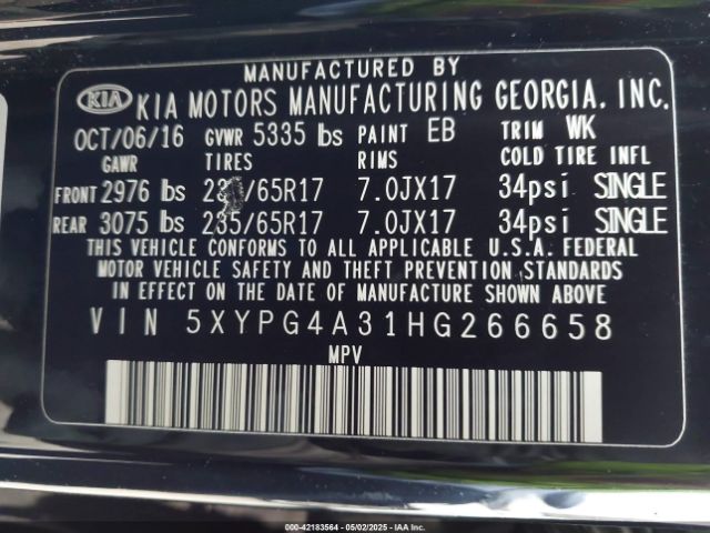 5XYPG4A31HG266658 KIA Sorento 2.4l Lx