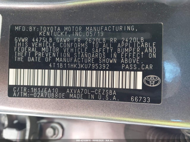 4T1B11HK3KU795392 Toyota CAMRY SE