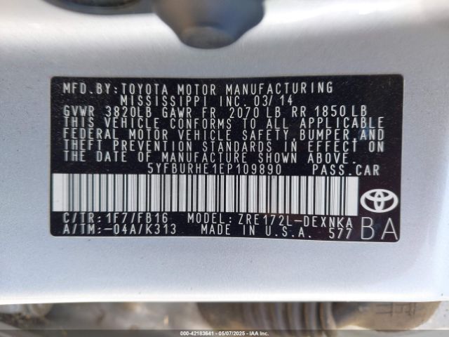 5YFBURHE1EP109890 Toyota Corolla Le Plus