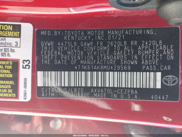 4T1K61AK8MU429569 Toyota a25a-fks