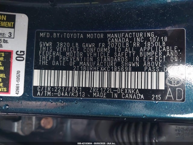 2T1BURHEXKC185698 Toyota COROLLA LE