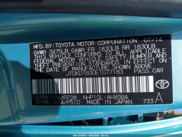 JTDKDTB30E1077183 Toyota Prius C Three