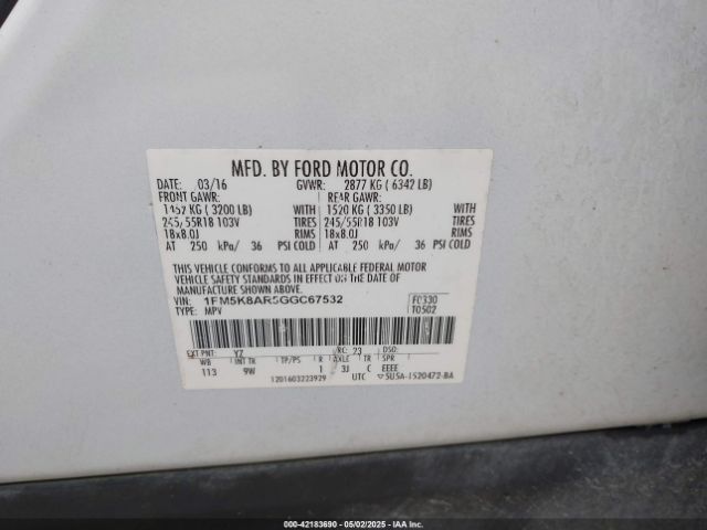 1FM5K8AR5GGC67532 Ford Police Interceptor
