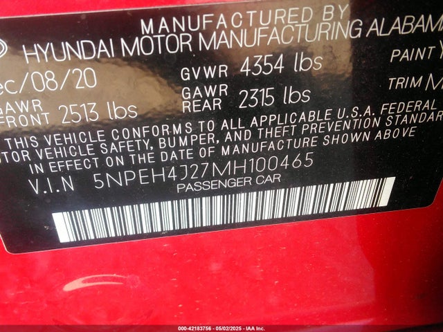 5NPEH4J27MH100465 Hyundai Sonata Limited