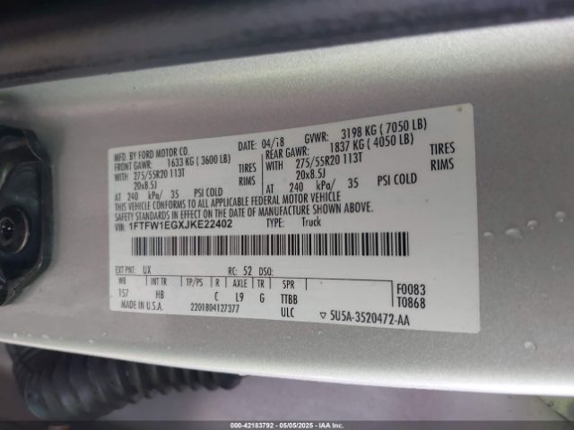 1FTFW1EGXJKE22402 Ford F-150 Lariat