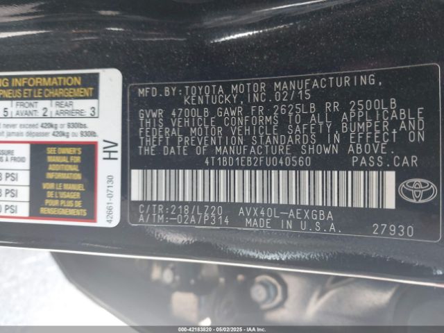 4T1BD1EB2FU040560 Toyota Avalon Hybrid Xle Premium