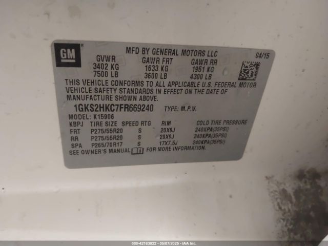 1GKS2HKC7FR669240 GMC l83 - vvt, active fuel management, aluminum
