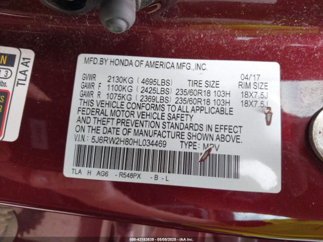 5J6RW2H80HL034469 Honda Cr-v Ex-l/ex-l Navi