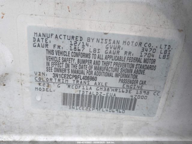 3N1CE2CP9FL406960 Nissan Versa Note S (sr)/s Plus/sl/sr/sv