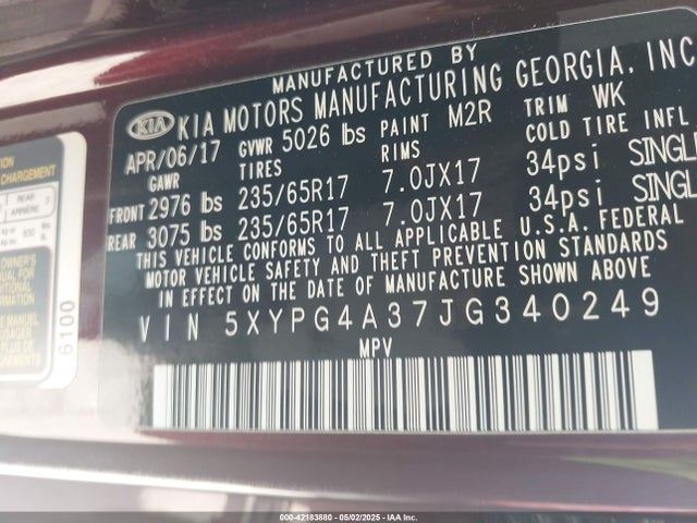 5XYPG4A37JG340249 KIA Sorento 2.4l Lx