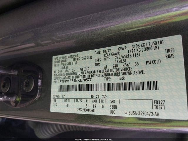 Ford F-150 Lariat 2022 1FTFW1E81NKE70577 Image 9