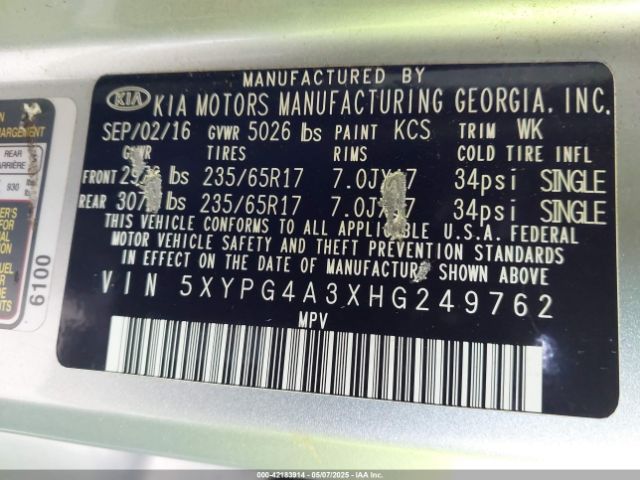 2017 KIA SORENTO 5XYPG4A3XHG249762 Photo 8