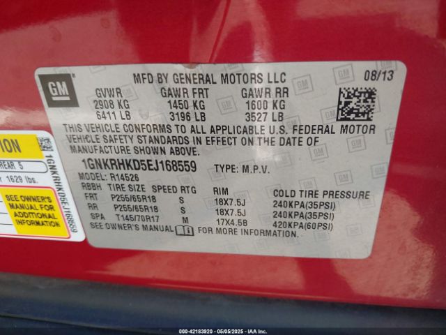 1GNKRHKD5EJ168559 Chevrolet Traverse 2lt