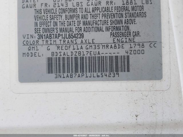 3N1AB7AP1JL654239 Nissan SENTRA SV