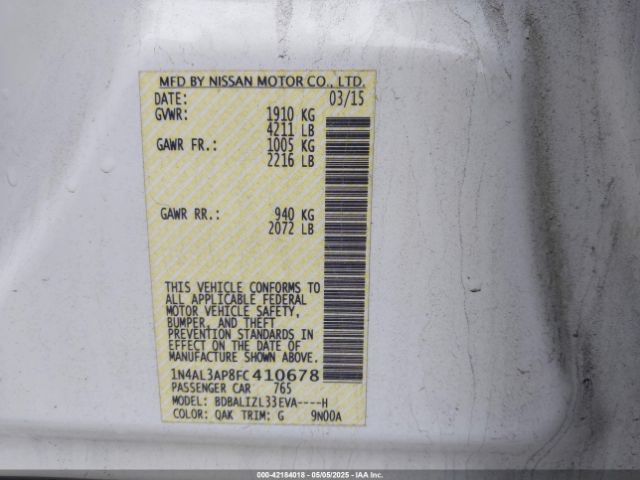 1N4AL3AP8FC410678 Nissan Altima 2.5 Sv
