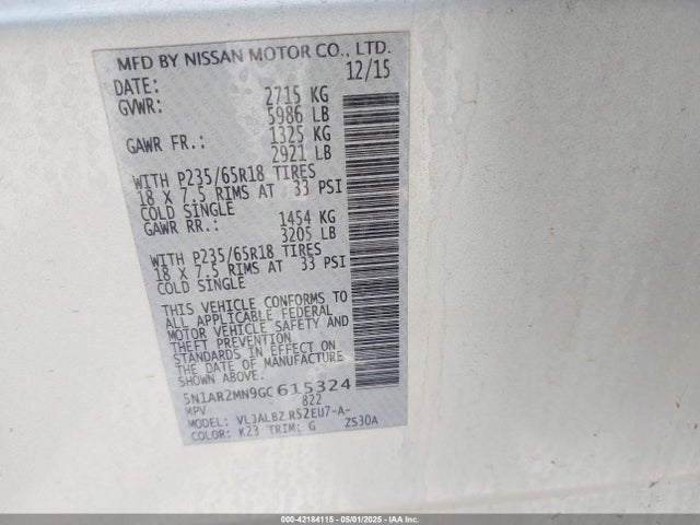 5N1AR2MN9GC615324 Nissan Pathfinder S