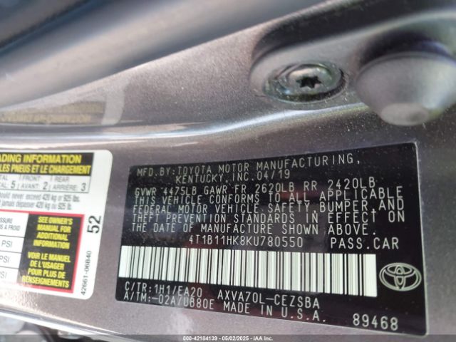 4T1B11HK8KU780550 Toyota CAMRY SE