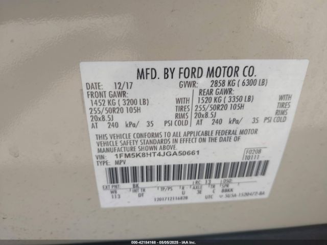 1FM5K8HT4JGA50661 Ford Explorer Platinum