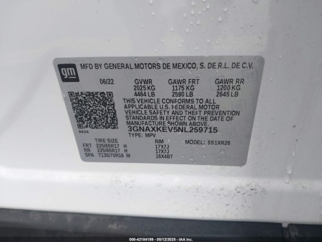 3GNAXKEV5NL259715 Chevrolet Equinox Fwd Lt