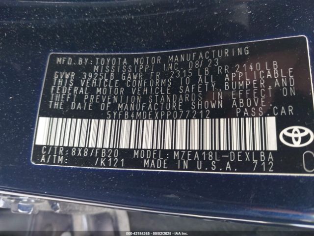 5YFB4MDEXPP077212 Toyota COROLLA LE