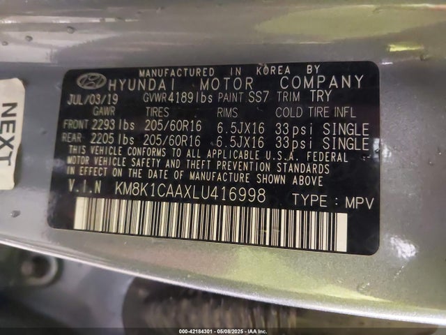 KM8K1CAAXLU416998 Hyundai Kona Se