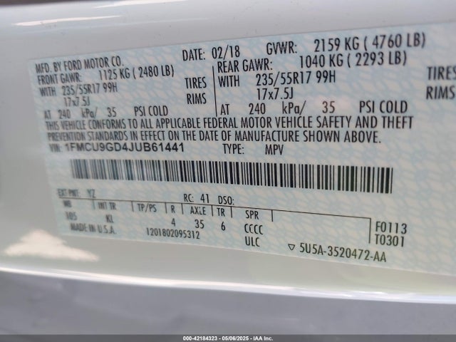 1FMCU9GD4JUB61441 Ford ESCAPE SE